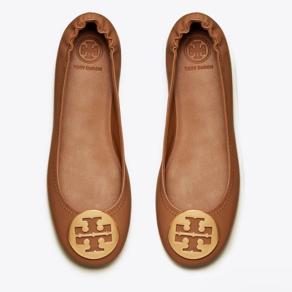 Tory Burch Minnie Travel Ballet Flats - Royal Tan/Gold - Size 8
